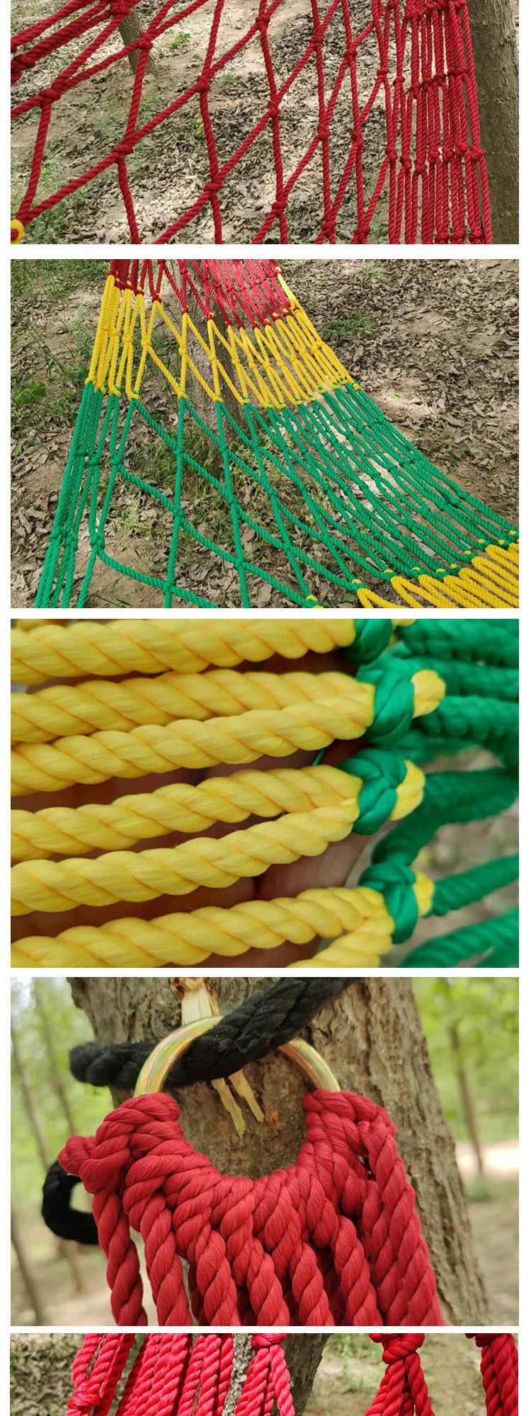 Outdoor nylon rope mesh hammock hanging between two trees, showing its woven construction and spacious 1.1m by 2.1m size.