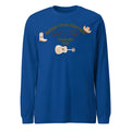 Blue men's loose round neck sweater with white printed letter patterns on chest