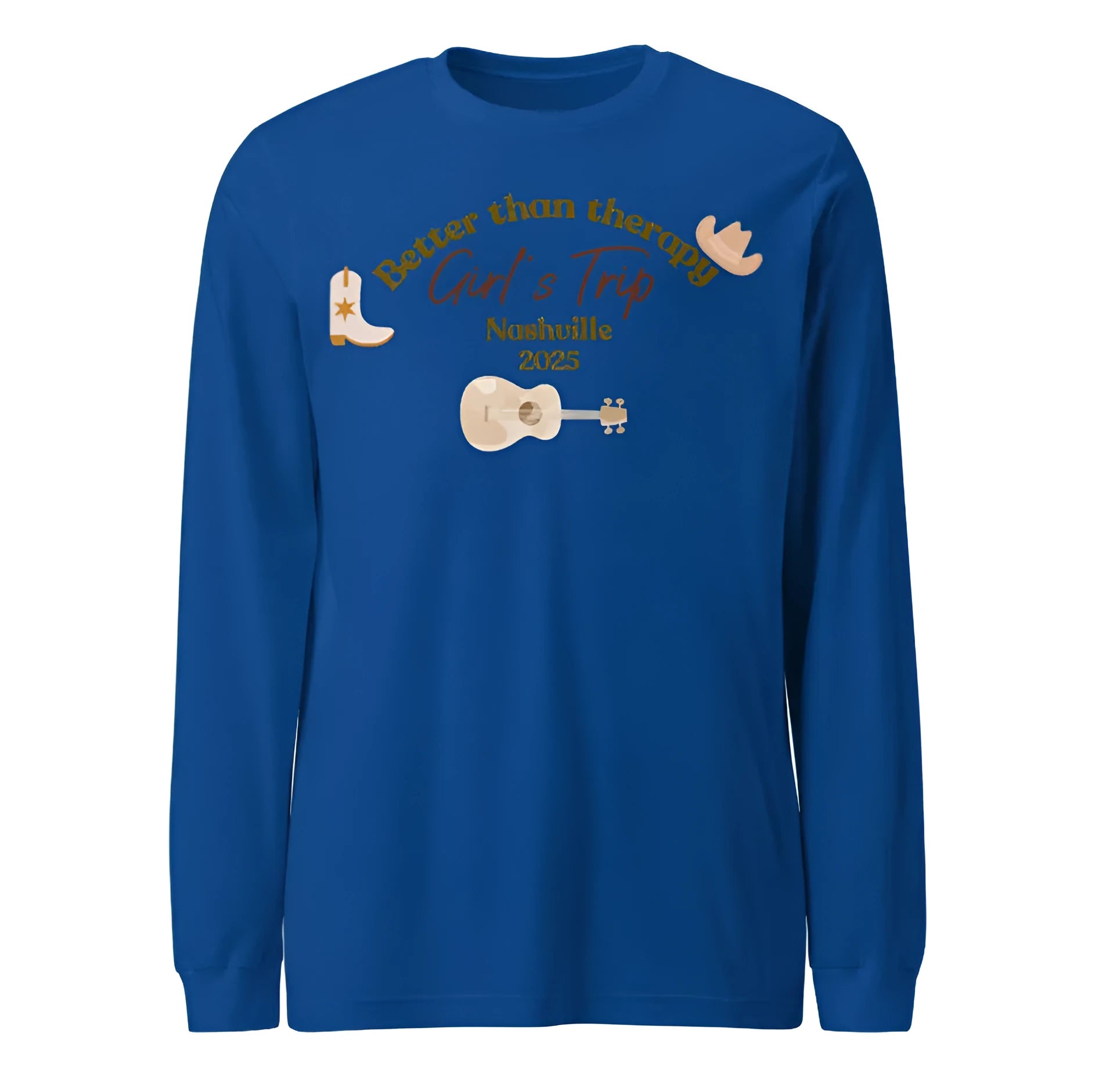 Blue men's loose round neck sweater with white printed letter patterns on chest