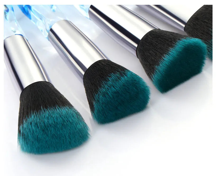 10 foundation brushes with crystal diamond handles in four colours: black, blue, red, and yellow