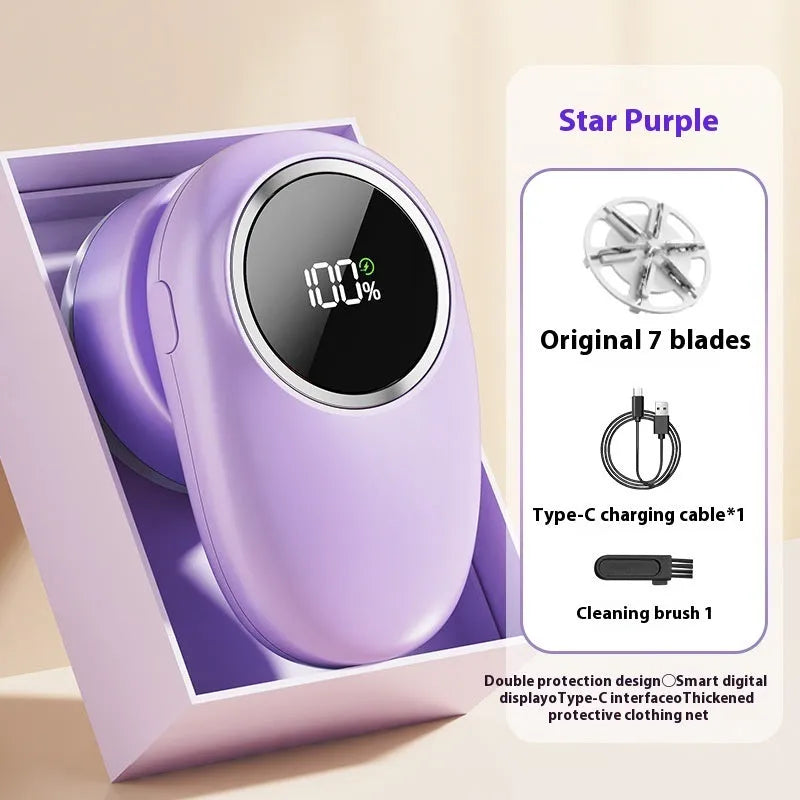 Beige and purple electric fur ball trimmer lint rollers with digital display and rotating cutter heads on a fabric surface.