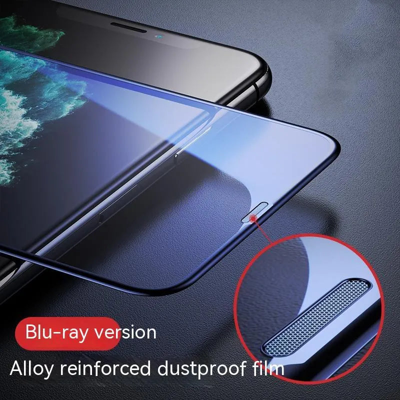Tempered glass iPhone screen protector with privacy anti-peep film shown on an iPhone.