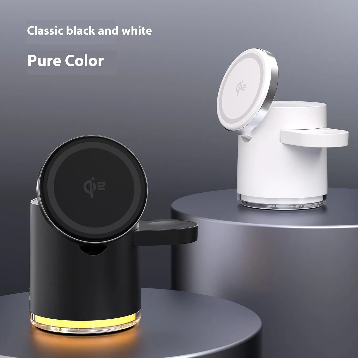 C16 ivory white and black magnetic folding wireless charger for phone, watch, and earphones.