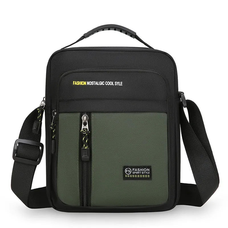 Men's nylon crossbody messenger bag with sewing thread detailing in black, blue, green, or grey.