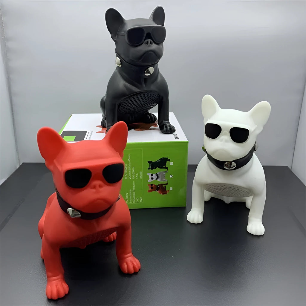 Mini bulldog-shaped Bluetooth speaker in black, red, or white colour with wireless audio functionality