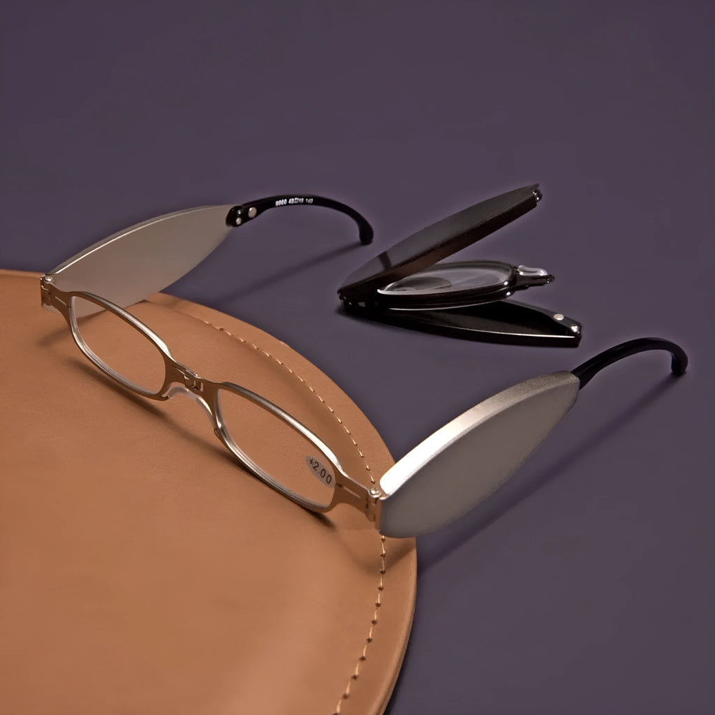 Black folding presbyopic reading glasses with round retro lenses, shown in open and closed positions.