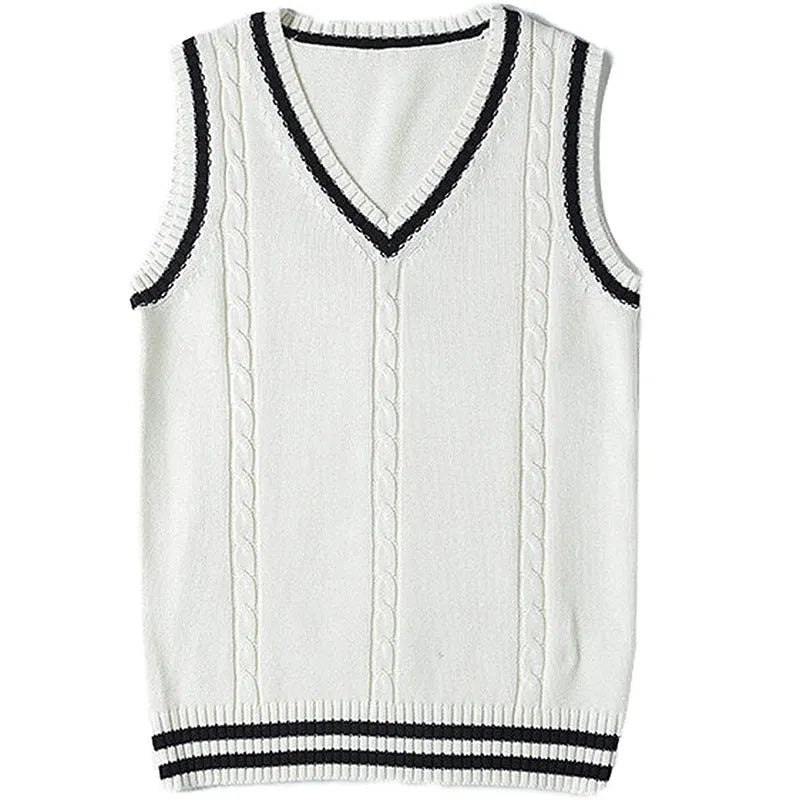Women's slim fit V-neck acrylic knitted waistcoat sweater with striped stitching detail