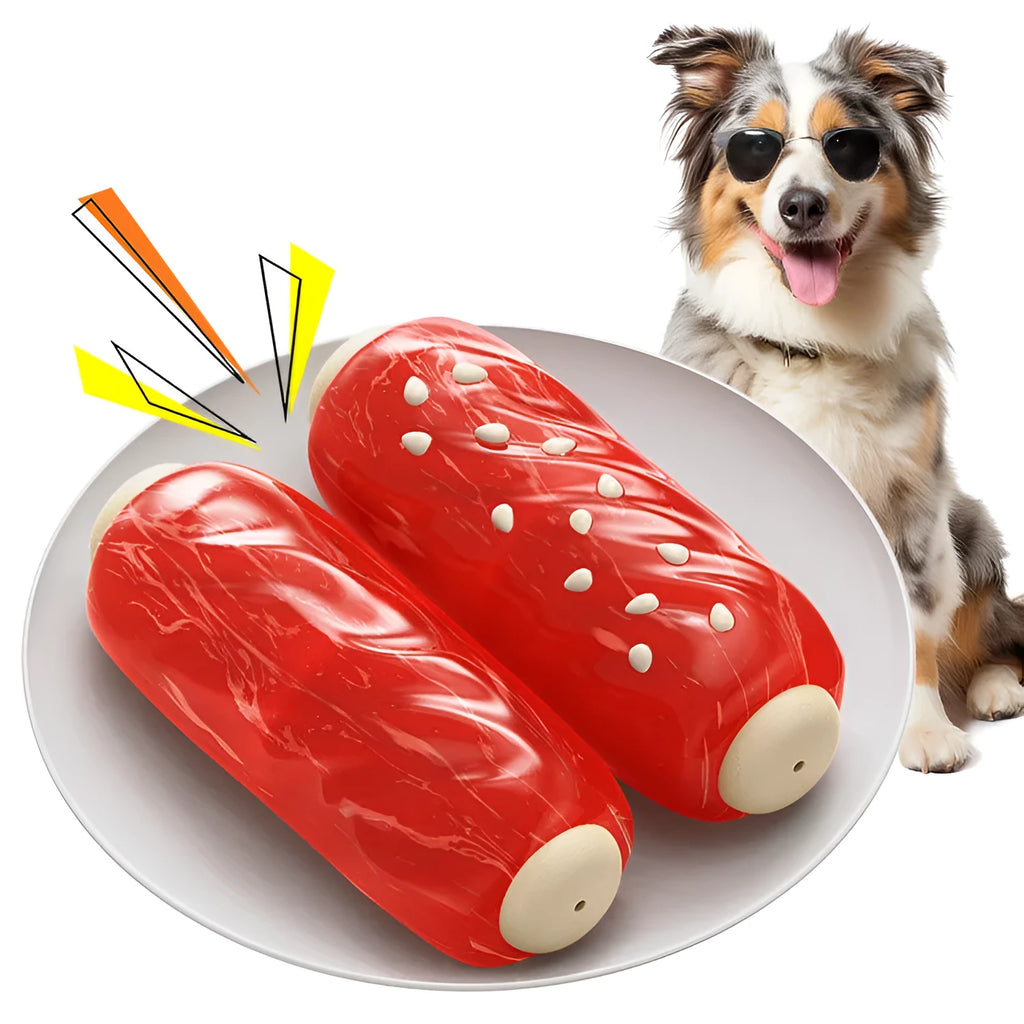 Primary colour plastic dog chew toy with toothbrush and molar rod textured design