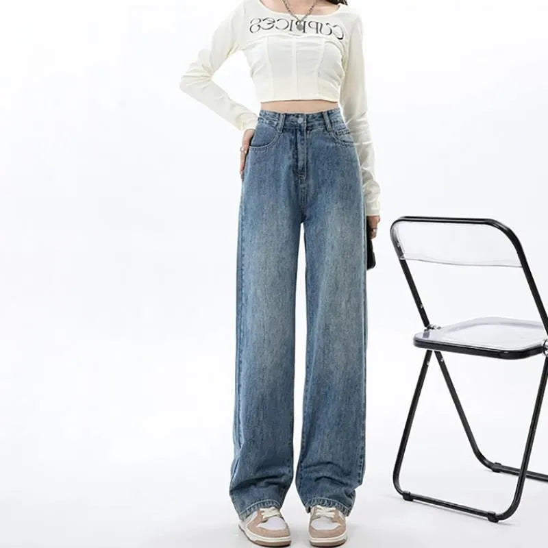 Women's retro blue high waist wide leg jeans with straight cut and stretch denim fabric
