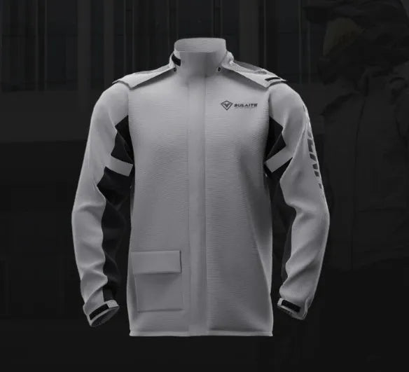 Motorcycle waterproof rain suit set showing raincoat, rain trousers, hidden shoe covers and storage bag