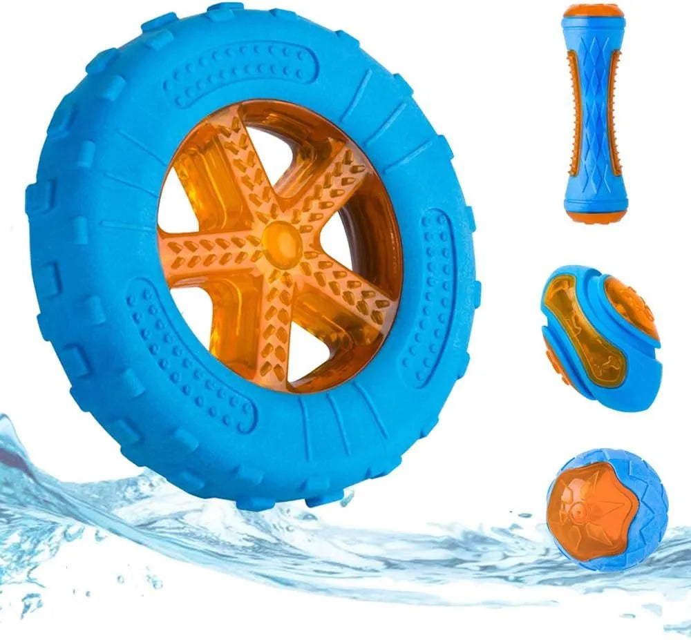Set of three TPR dog toys: a squeaky ball, barbell and floating tires for water fetch.