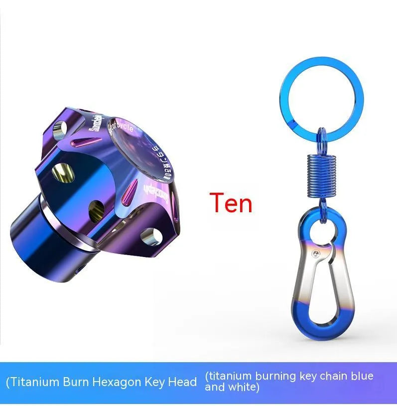Motorcycle key modification accessories showing hexagonal, pentagram and plum blossom designs in blue and white