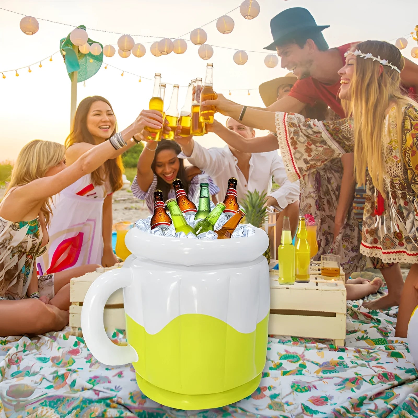 Yellow inflatable PVC ice bucket for drinks cooling at outdoor events.