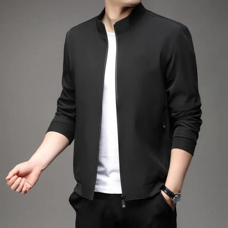 Men's Korean style loose lapel autumn jacket in black with zipper pockets