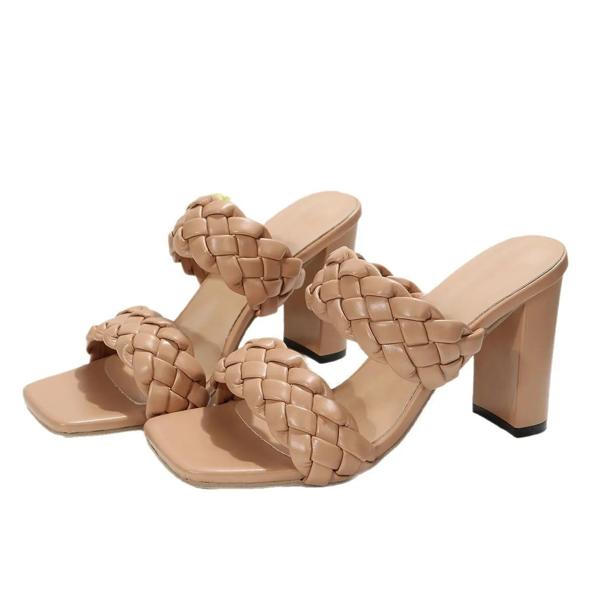 Square toe chunky heel slippers with woven twisted PU upper in apricot colour