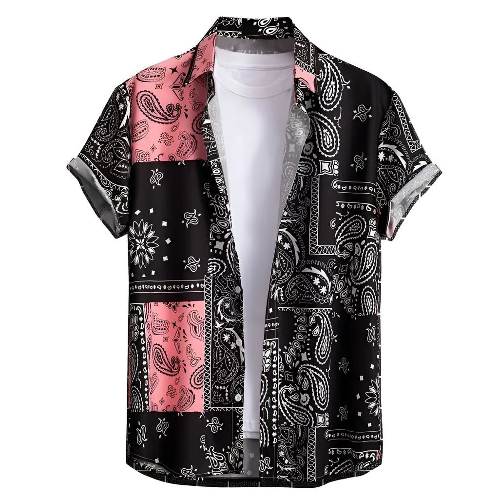 Men's slim fit Hawaiian short sleeve shirt with digital printing on elastic polyester fabric