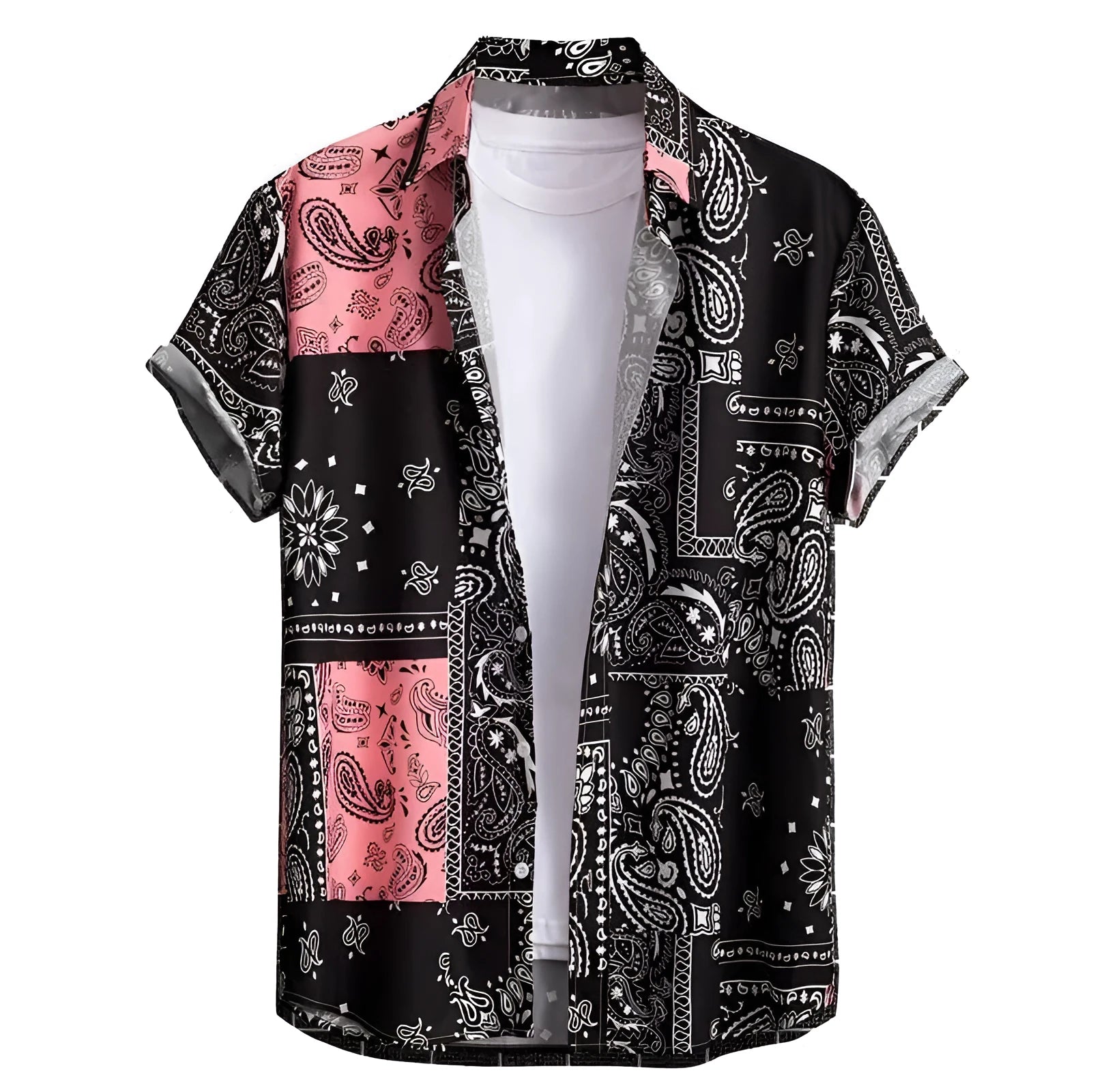 Men's slim fit Hawaiian short sleeve shirt with digital printing on elastic polyester fabric