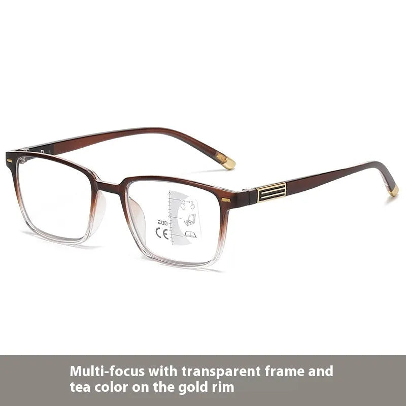 Multifocal reading glasses with colour changing, anti-blue light PC lenses in a black and silver frame style.