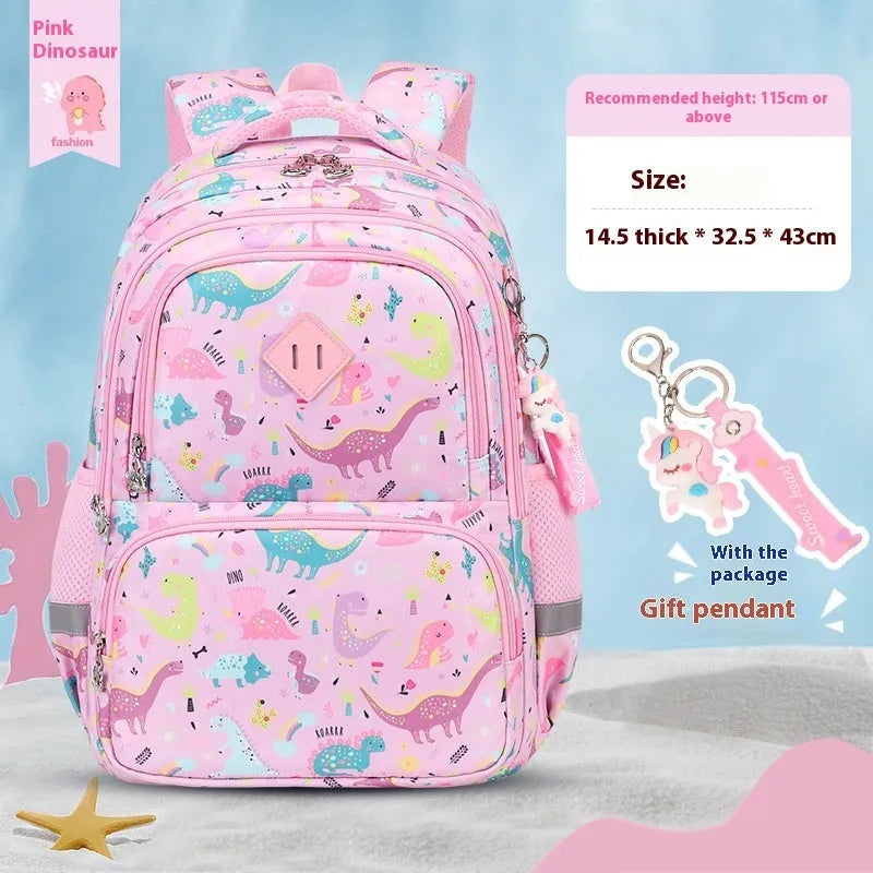 Blue children's school backpack with dinosaur print, showing curved straps and modern design.