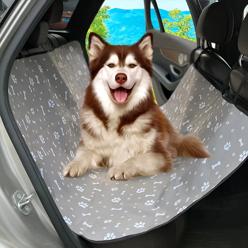 Grey car pet mat with dog bone print on rear car seat protecting upholstery