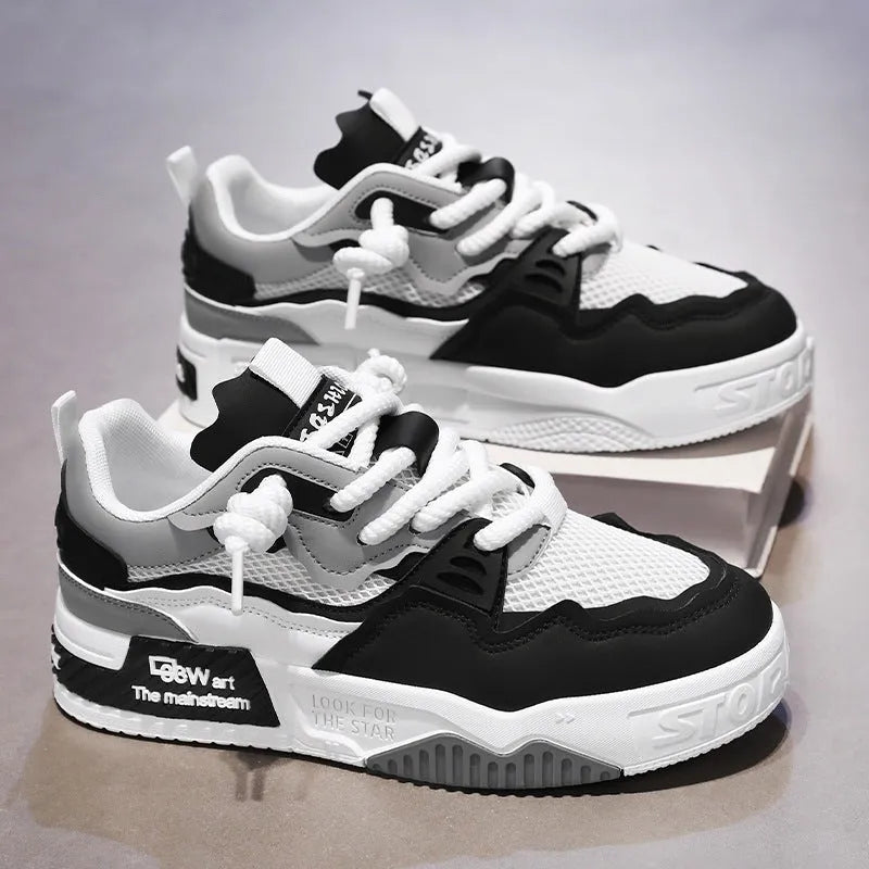 Men's low top board shoes in white and yellow, white and black, and beige colour combinations with rubber soles