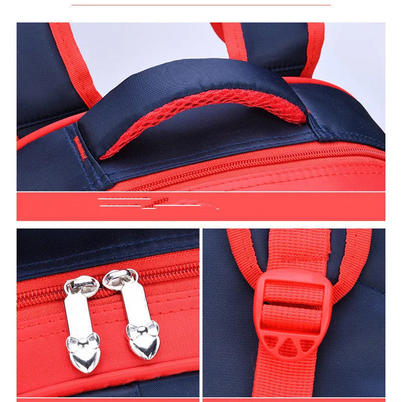 Blue cartoon anime nylon school backpack for children with pencil case, shown with dimensions 30x14x42cm.