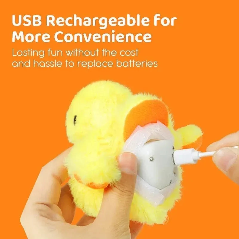 Yellow flapping duck interactive cat toy with plush feathers and a chick design on a plain background.
