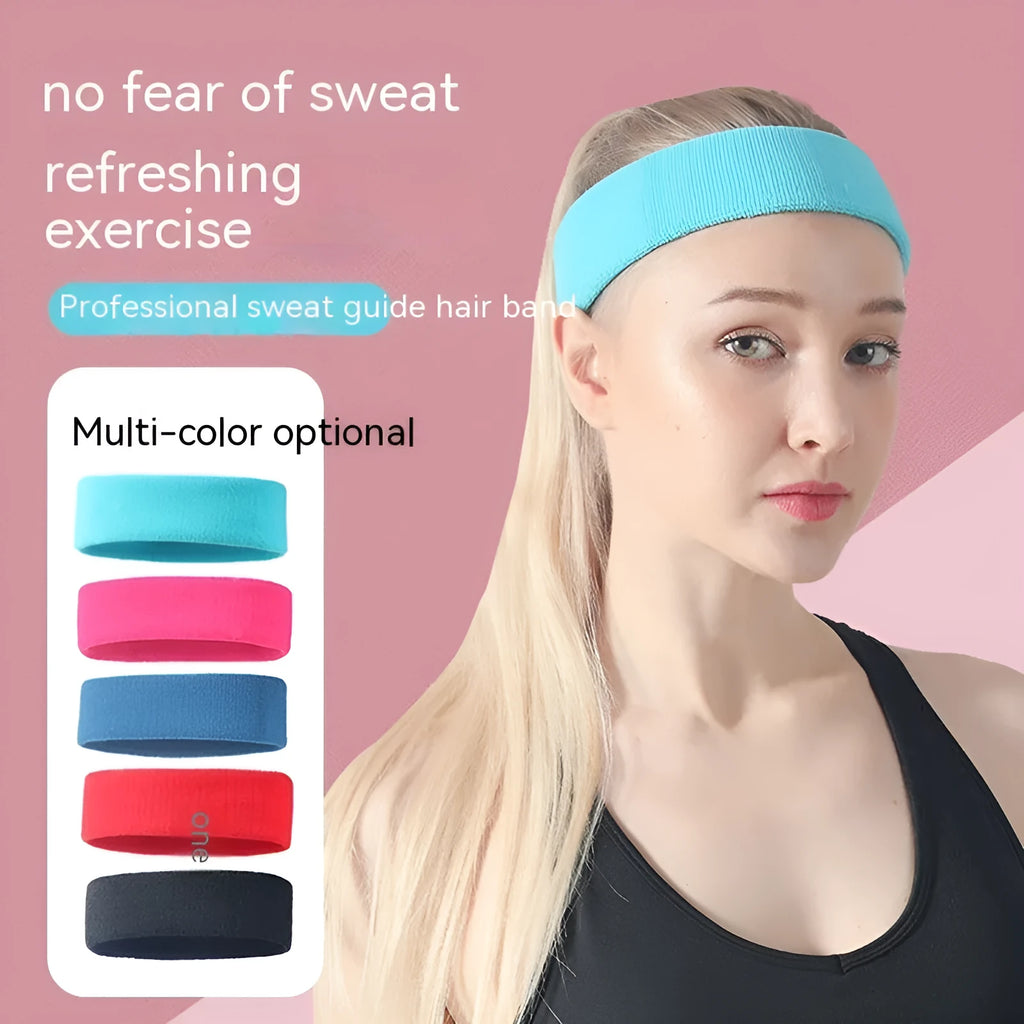 Elastic widening sports sweat band in black, blue, red, rose red, and sky blue solid colours.