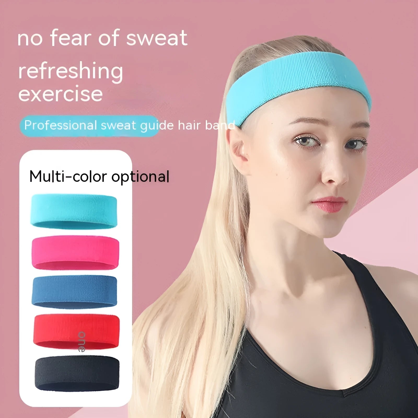 Elastic widening sports sweat band in black, blue, red, rose red, and sky blue solid colours.