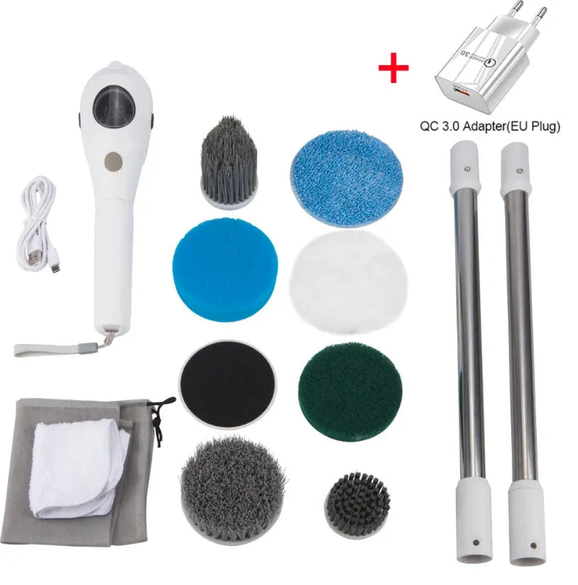 White rechargeable handheld cleaning brush with multiple plug options