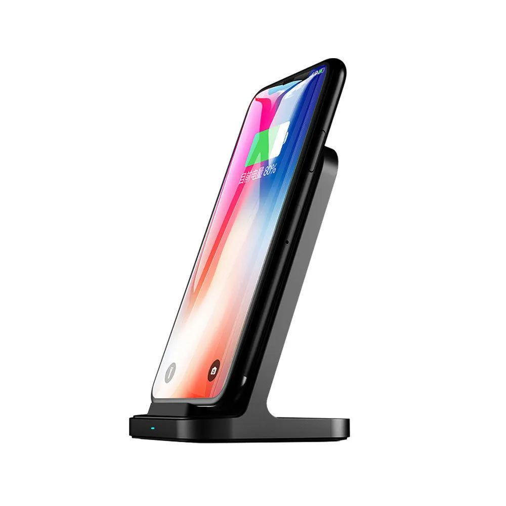 Dark grey vertical wireless charging stand for Apple iPhone smartphones on desktop