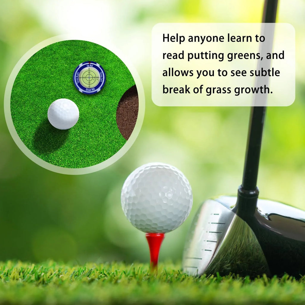 Golf spirit level clip with green bubble vial and alignment marks attached to a golf bag strap