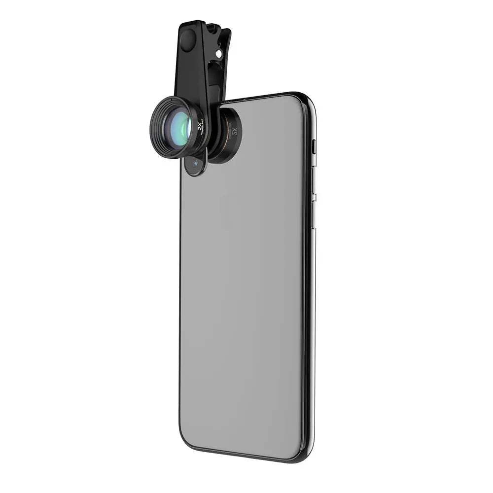 Black aluminium 6-in-1 mobile phone lens kit with universal clip attachment