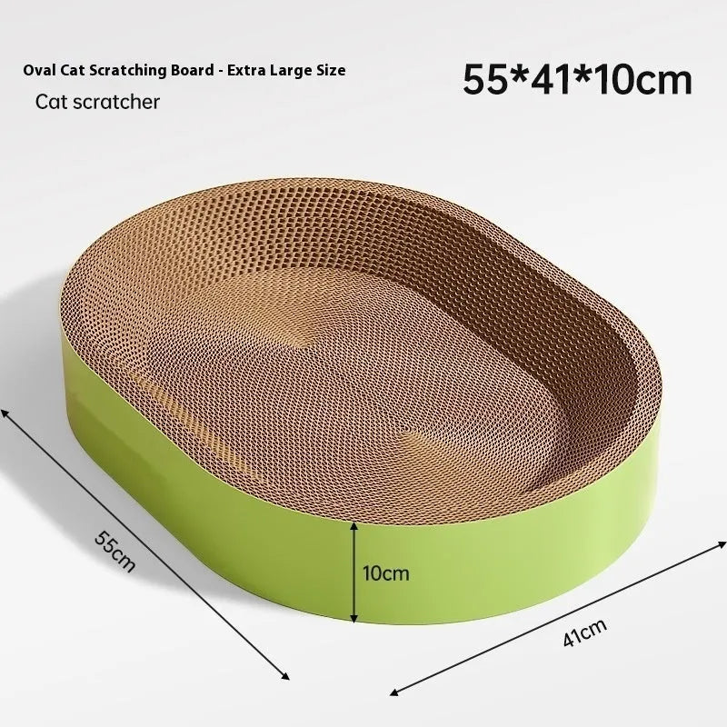 Large green oval cat scratch board and nest made from corrugated paper