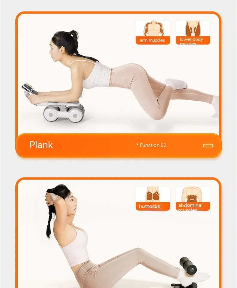 White belly roller fitness equipment with LED screen displaying timing and calorie count