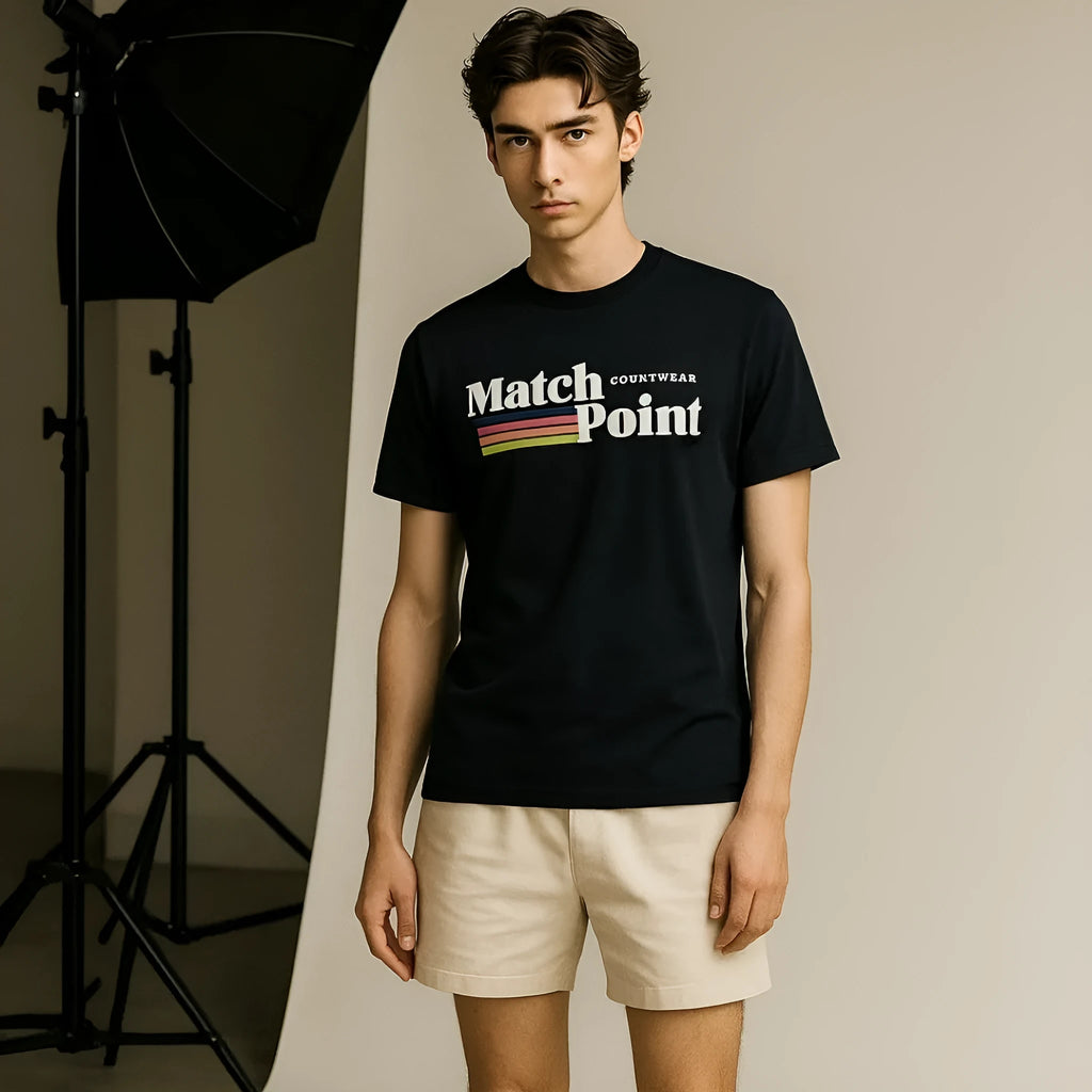 Black men's casual t-shirt with 3D digital text print, round neck, and short sleeves.