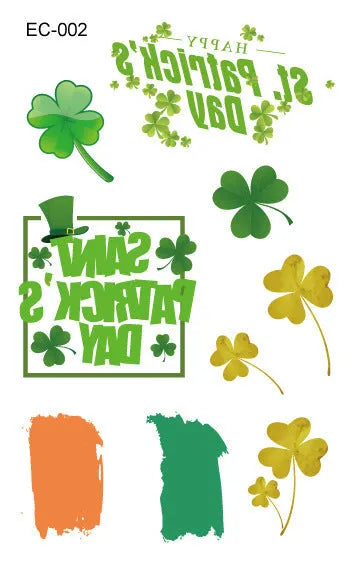 Pack of St Patrick's Day clover temporary tattoo stickers, 120mm by 75mm water transfer design.