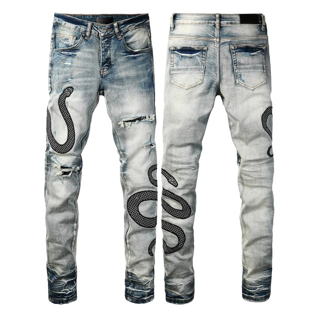 Blue distressed skinny jeans with a button fly on a mid waist, showing a slim fit and retro wash detail.