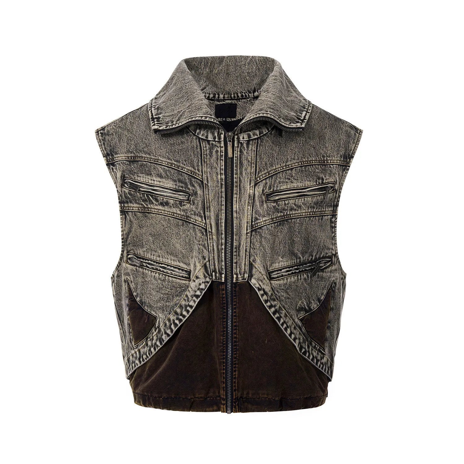 Man wearing a blue splicing denim vest with a zip front closure
