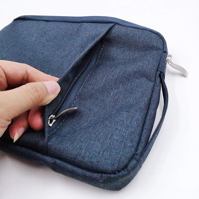 Grey canvas tablet case handbag open to show interior for a 12.9-inch device.