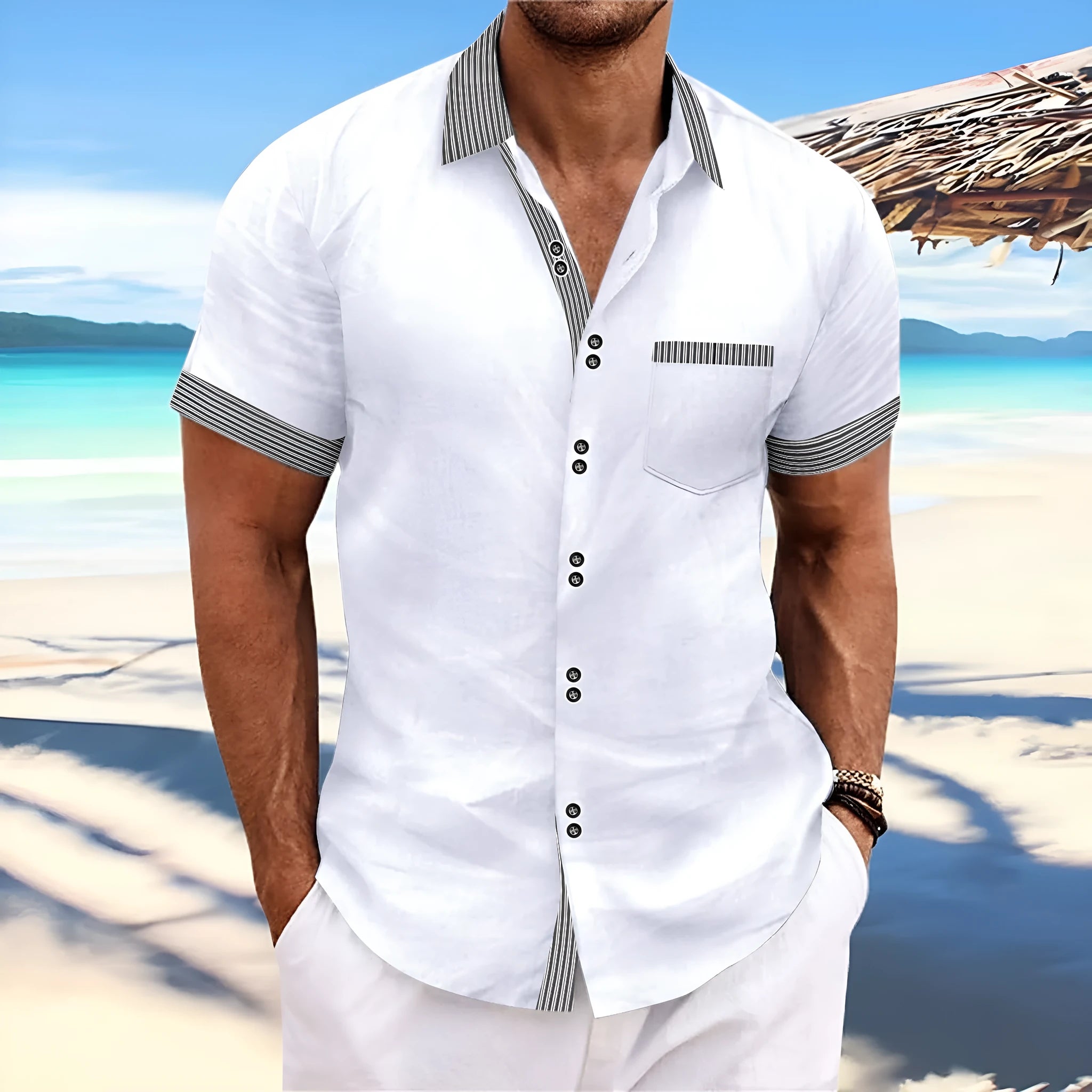 Striped double button short sleeve casual shirt in pure cotton with slim fit styling