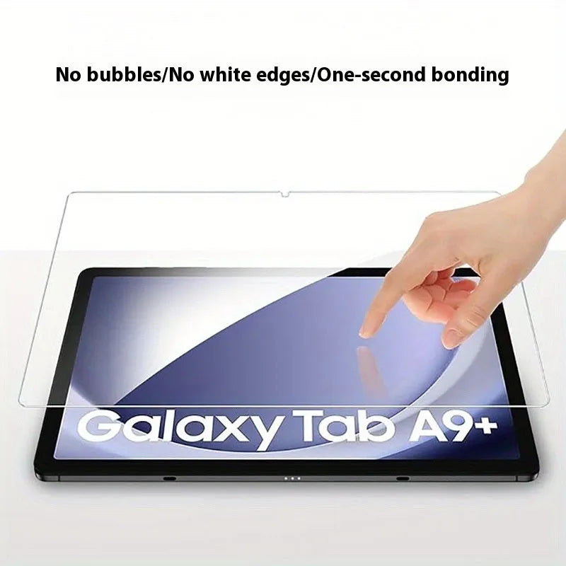 Samsung Galaxy tablet with a clear tempered glass screen protector applied, showing anti-fingerprint coating.