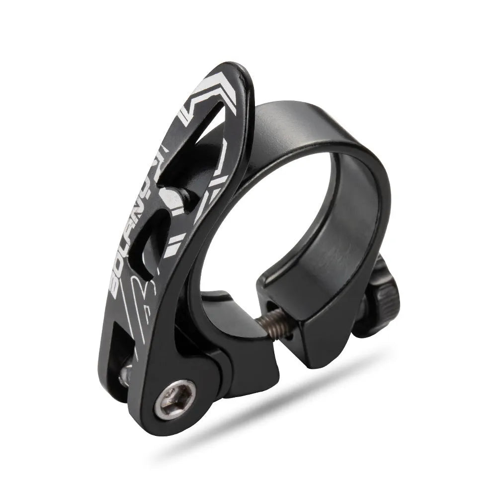 Aluminium mountain bicycle seat post clamp in black, blue, gold, or red, showing 31.8mm and 34.9mm size options.
