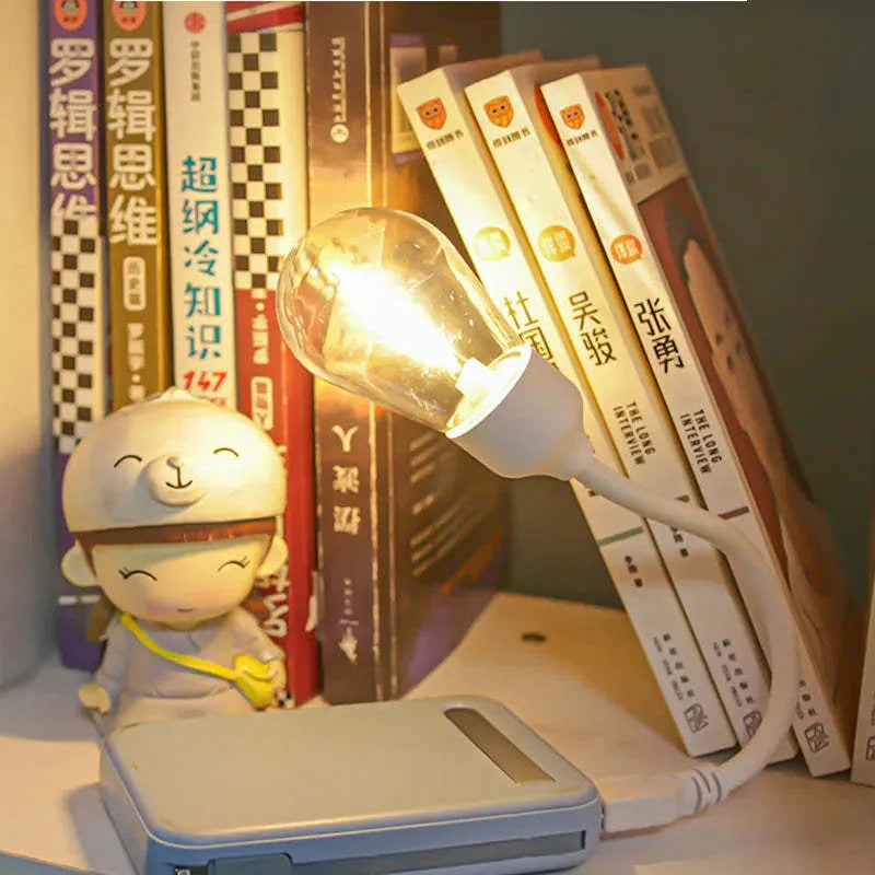 USB rechargeable folding night light with adjustable arm and tungsten S14 bulb
