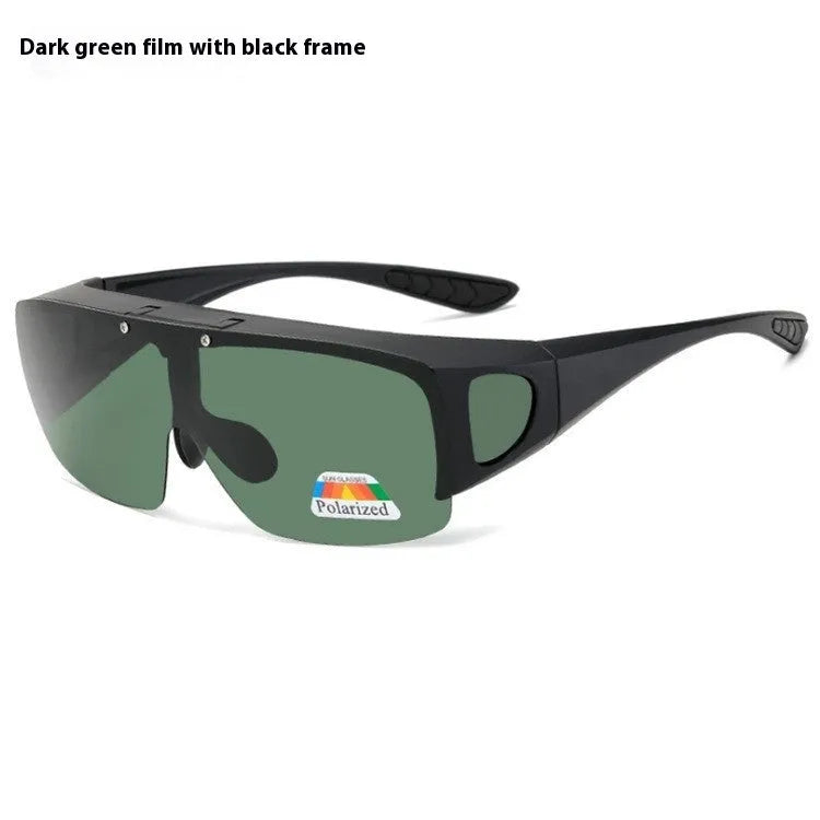 Sporty polarised myopia sunglasses with multiple interchangeable lenses including black, grey, and night vision, on a dark background.