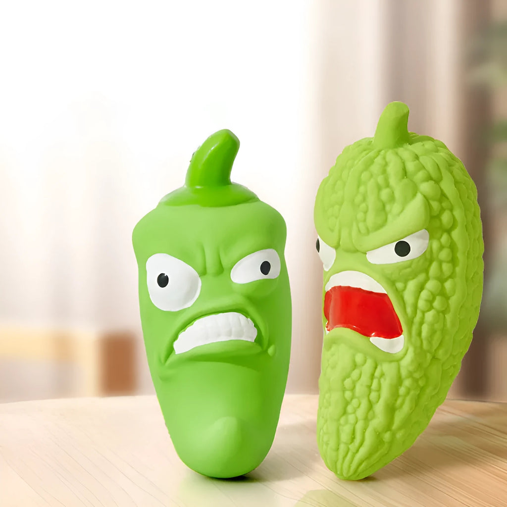 Bitter melon and chili shaped dog toy with textured teeth-cleaning surfaces and pet sound feature