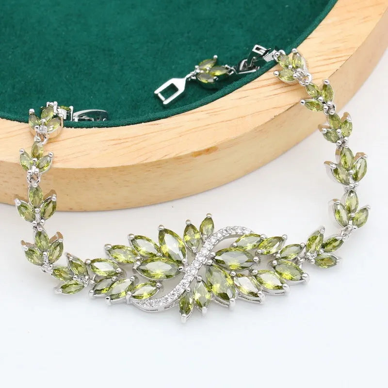 Retro floral jewellery set with copper zircon bracelet, necklace, earrings and ring in vintage style