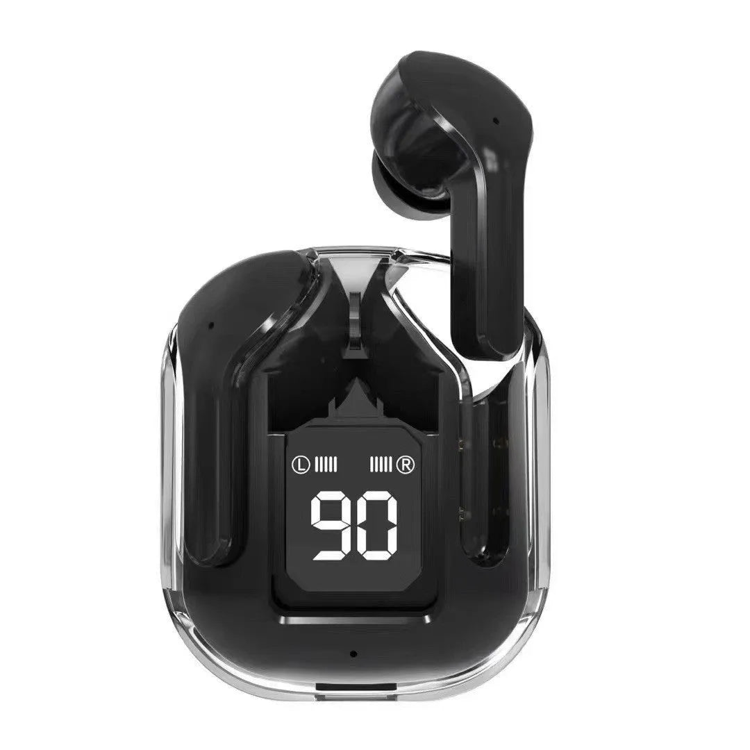 Transparent space capsule shaped case containing true wireless Bluetooth earphones in light blue colour.
