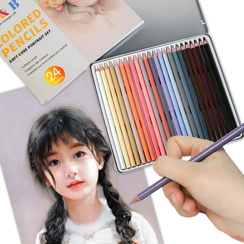 24-colour skin tone portrait pencil set in round iron storage case for hand-painted artwork