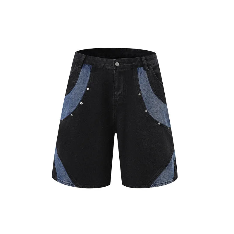 Retro washed denim suit with short-sleeved jacket and matching trousers in black or blue